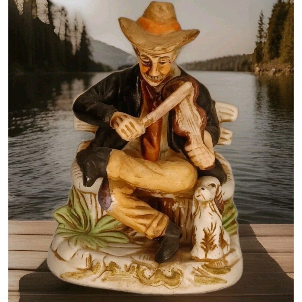 Vtg Norleans Japan Figurine Man on Bench Playing Fiddle with Dog 7.5" MCM Art